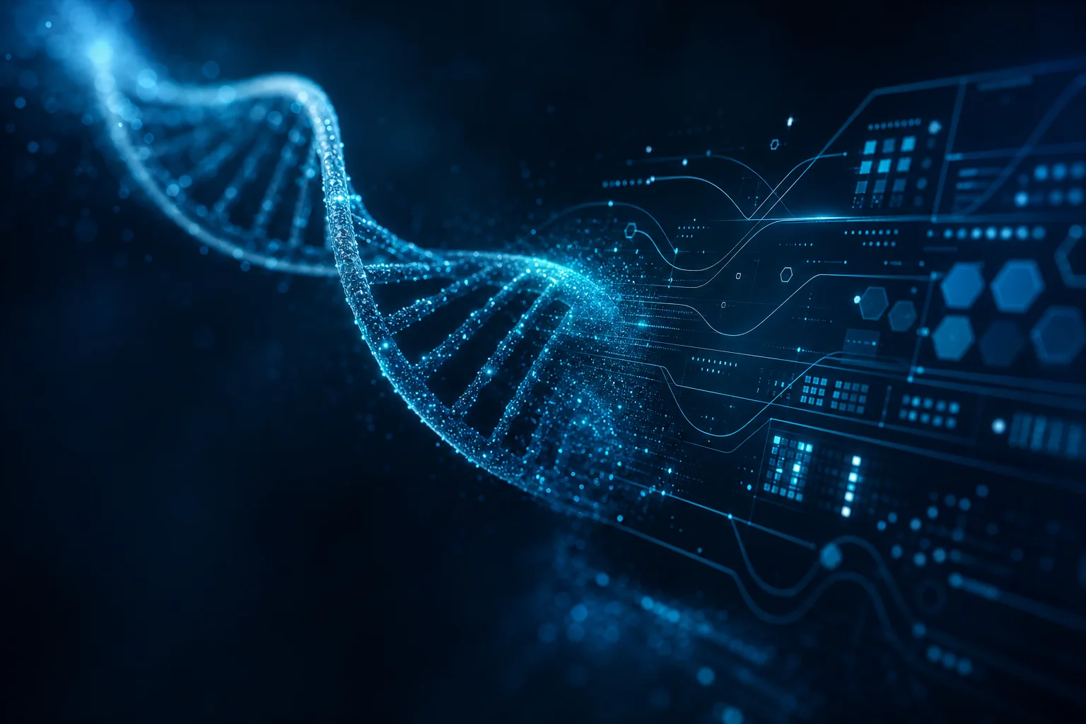 A DNA double helix dissolving into digital circuit lines, representing science translated into web architecture