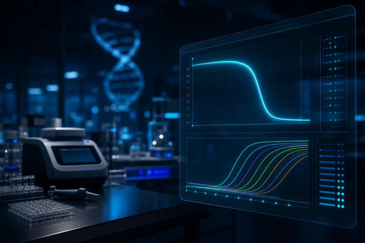 Digital hologram of a laboratory environment overlaid with molecular data visualizations, representing science communication for biotech