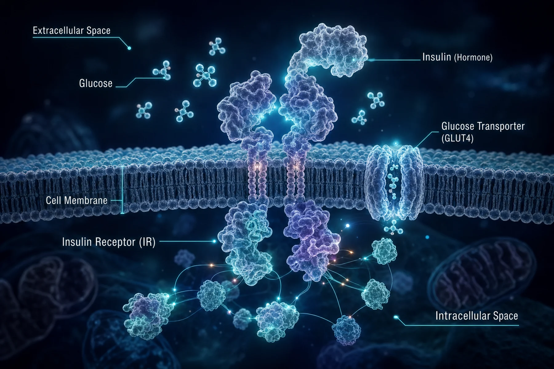 Insulin receptor signaling cascade showing PI3K/AKT activation and GLUT4-mediated glucose uptake, rendered at mechanism-of-action level